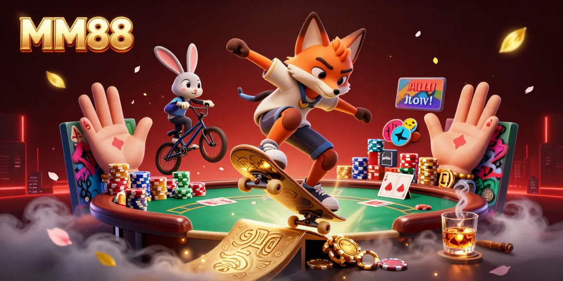 Experience excitement at MM88 casino with an action-packed 3D scene featuring a fox and rabbit enjoying card games.