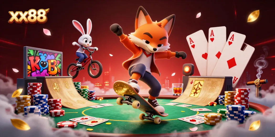 xx88 casino-themed action scene with energetic characters performing tricks over poker chips
