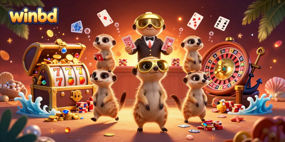 Experience thrilling action with winbd as a cartoon meerkat casino operates amidst treasures and vibrant elements.