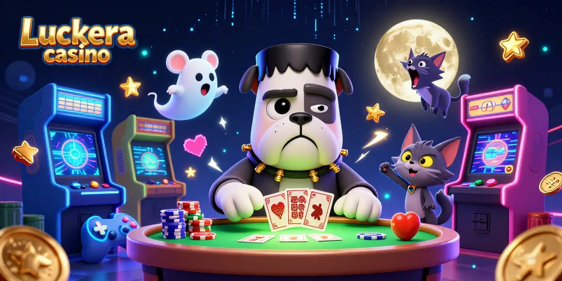 Luckera Casino bietet spannende Spiele mit einem Frankenstein-Bulldog, der Karten verteilt.