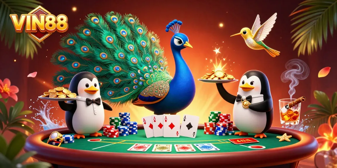 Experience thrilling moments at VIN88 with a vibrant 3D casino illustration of majestic characters and poker elements.