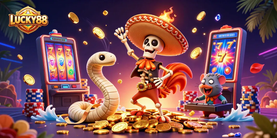 Spin to win with LUCKY88 in this vibrant 3D illustration featuring a festive skeleton rooster and thrilling slot machine action.