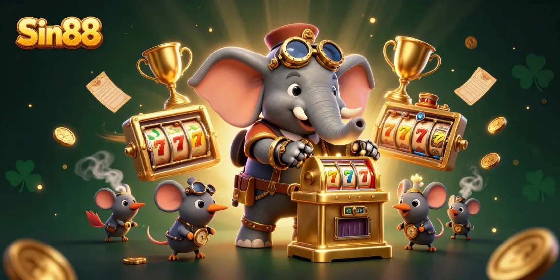 Experience the thrill of Sin88 with a vibrant 3D casino scene showcasing an elephant engineer and gaming elements.