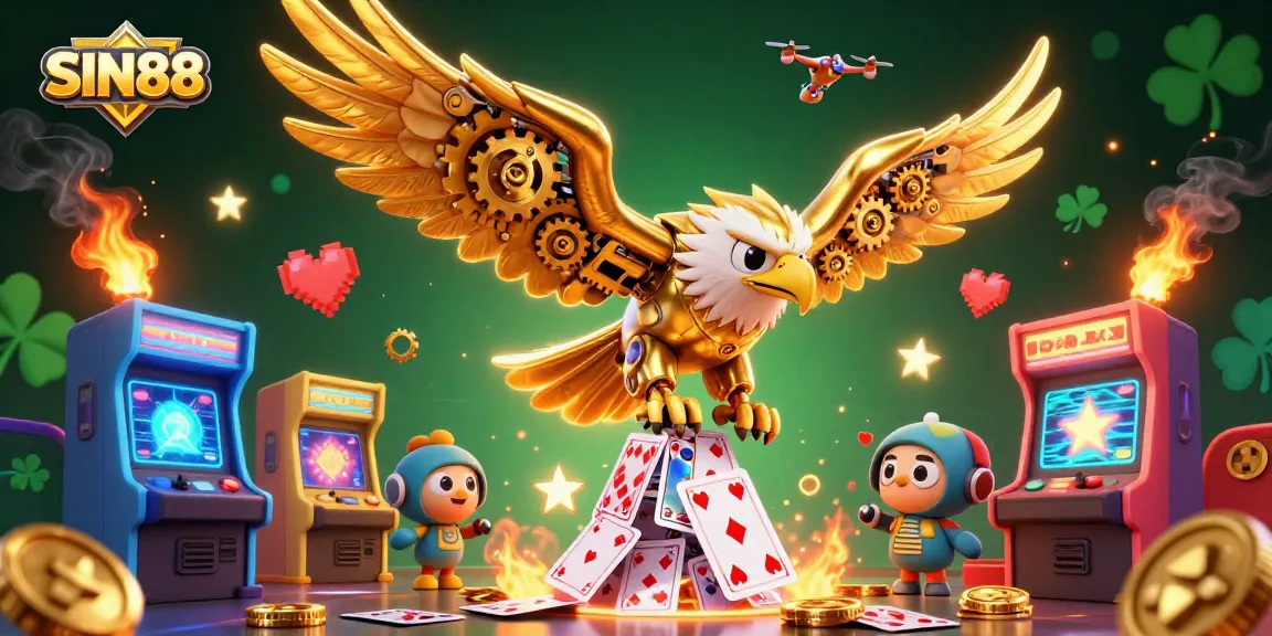 SIN88 illuminates a vibrant 3D casino scene with a golden eagle and arcade elements for thrilling gameplay.