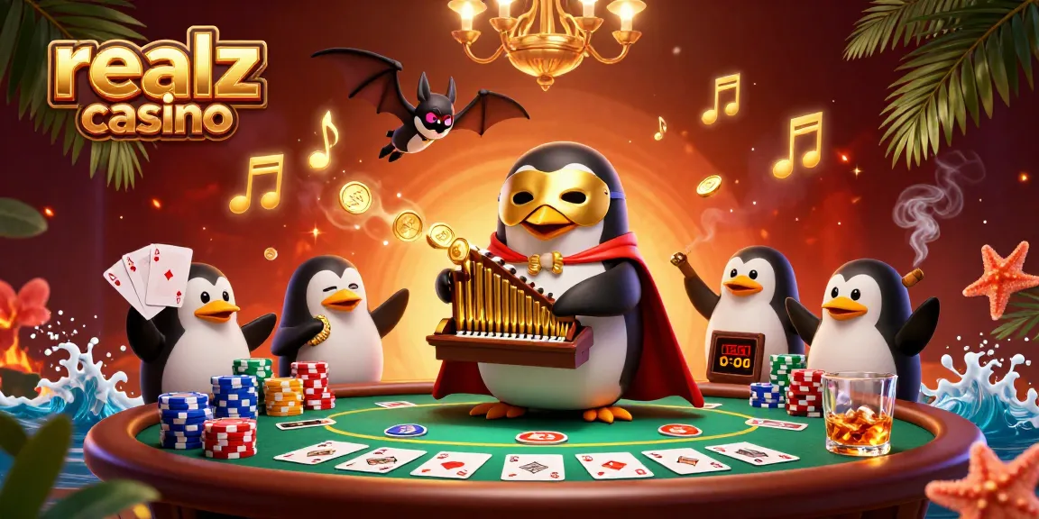 Experience excitement at realz casino with detailed illustration of a penguin organist and poker scene.