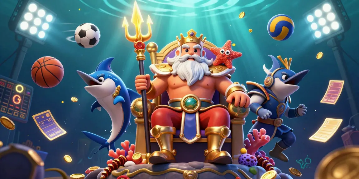 Spin and win with FUN88 in this vibrant underwater casino scene featuring Neptune and sports elements.