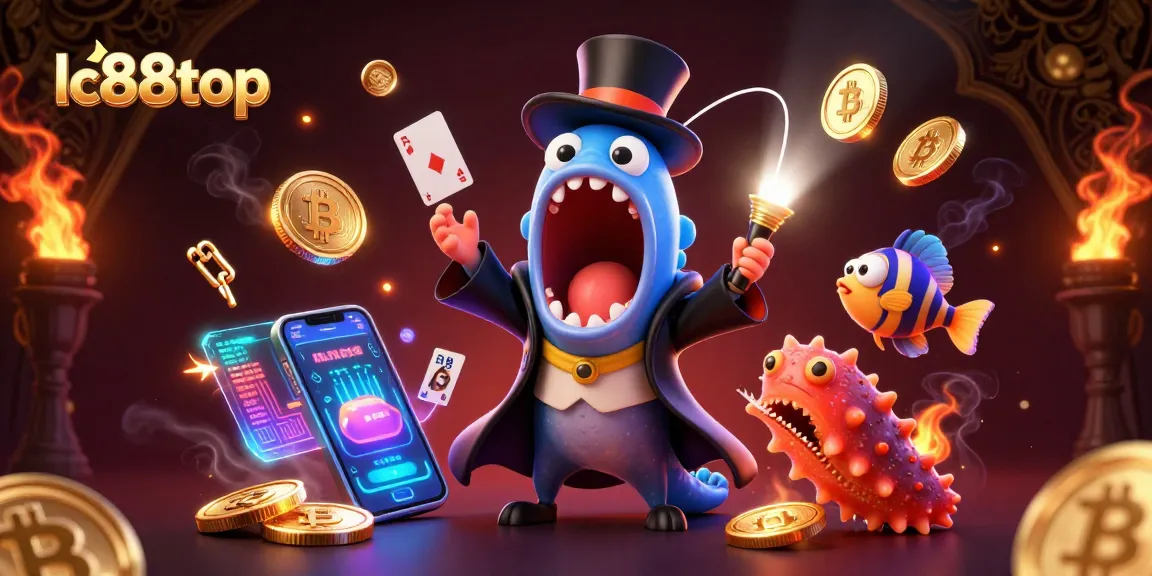 Engage with lc88top's thrilling magic act featuring a bioluminescent eel performing card tricks amidst a sea of crypto-themed elements.