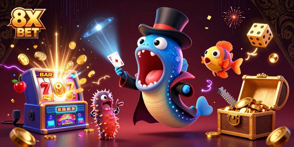Engage with colorful 3D casino magic featuring 8X BET and vibrant gaming elements.