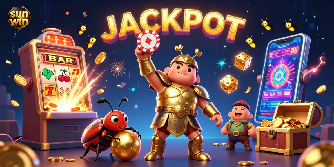 Join the excitement of sun win with a victorious beetle lifting poker chips amidst a vibrant casino atmosphere.
