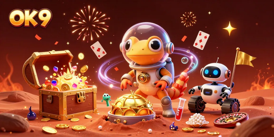 Experience the excitement of OK 9 casino with a Martian gecko discovering treasures on Mars.